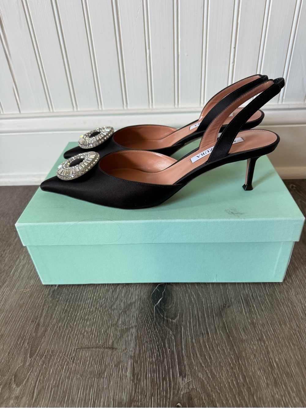 Aquazzura Crystal Hoop Sling 50 Black Satin Crystal Pumps Size 40 NEW - Picture 5 of 8